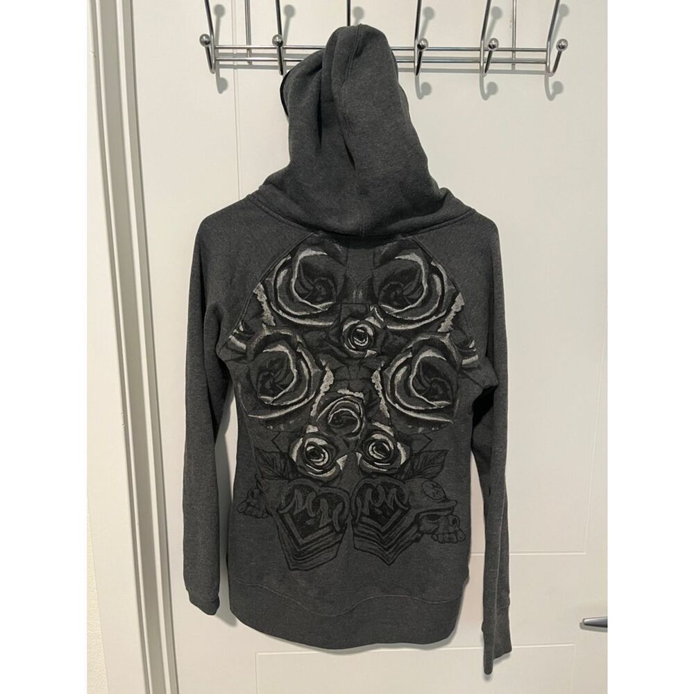 Metal Mulisha Gray Black V-Neck Graphic Hooded Pullover Pocket Sweatshirt